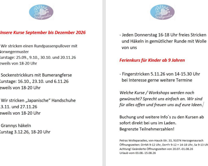 Neue Kurstermine September bis Dezember 2026