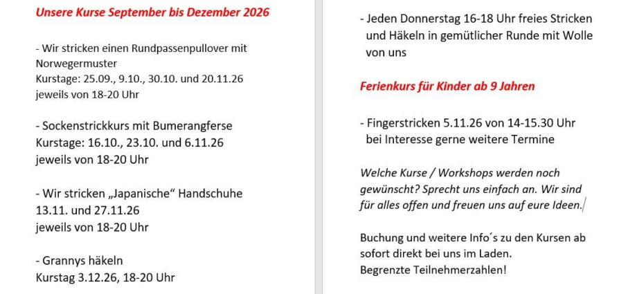 Neue Kurstermine September bis Dezember 2026
